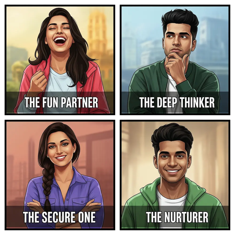 Comprehensive free personality quiz types including love language test, partner type quiz, attachment style assessment and intimacy personality analysis on mobile app interface