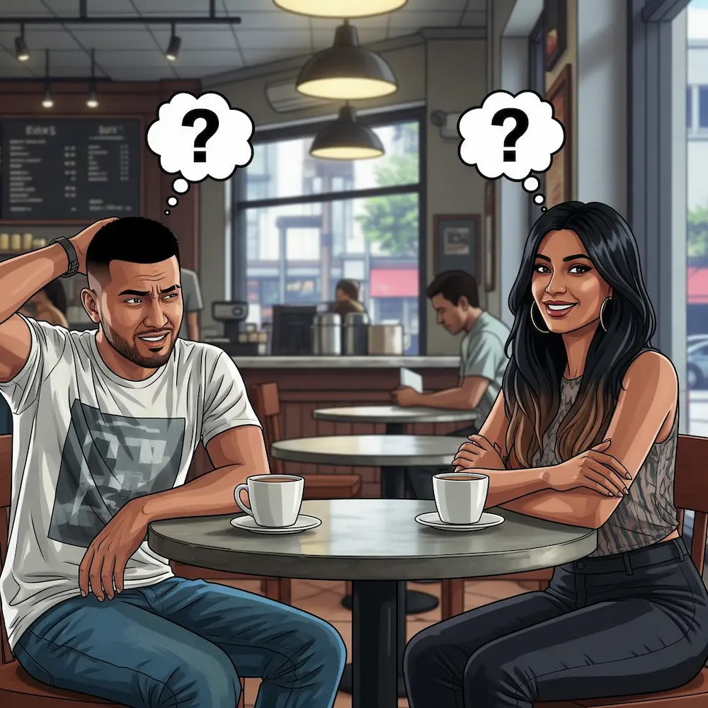 Indian couple sitting opposite each other, boy scratching head thinking hard, girl smiling confidently, thought bubbles above their heads with question marks, cafe setting